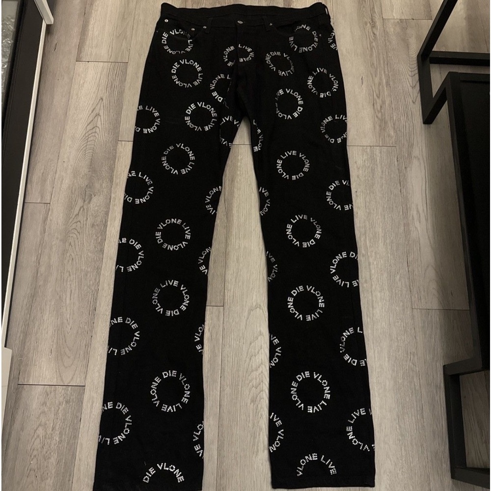 Vlone Silver Rhinestone Black Denim Stacked Jeans Crystals Vlone Die